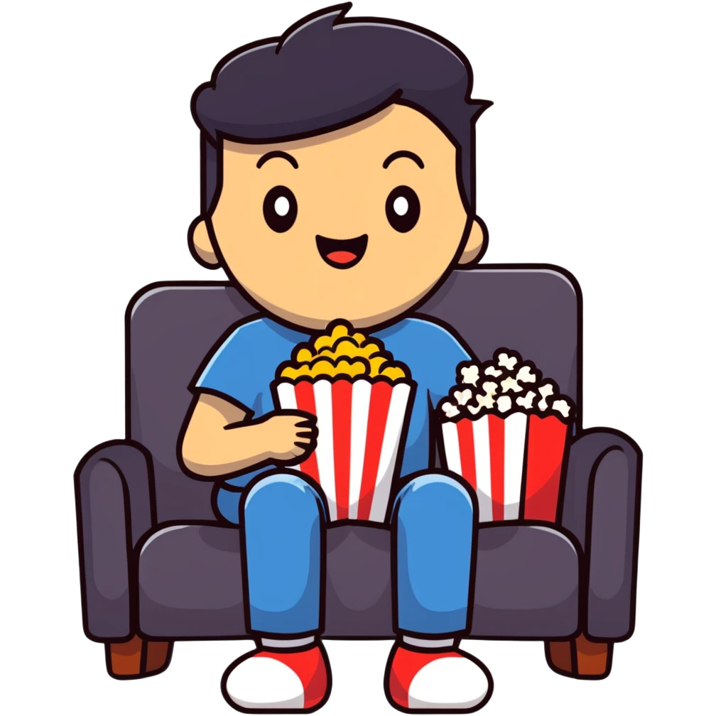 Person sitting comfortably on couch watching movie with popcorn in hand, excited expression emoji