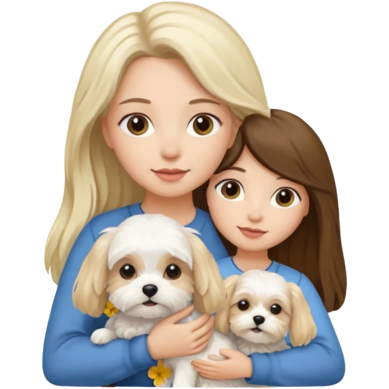 two women are holding only one Maltese dog. one woman is brunette the other woman is blonde long haired  emoji
