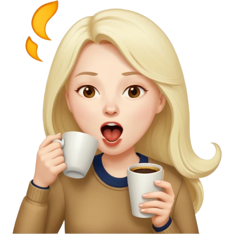 can you make her now look without laptop but having a coffee cup in her head with мешками под глазами и зевающую  emoji