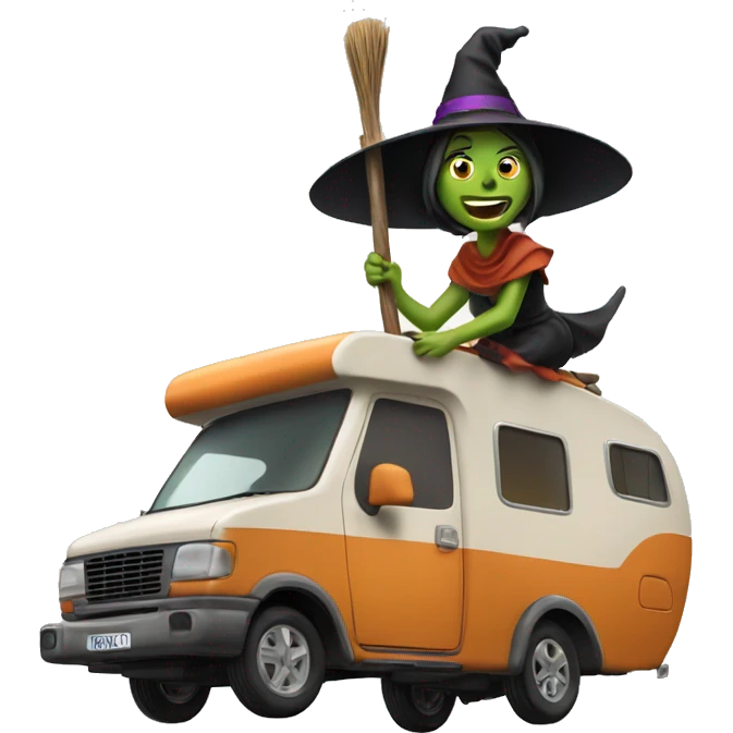 caravan with a witch riding a broom emoji