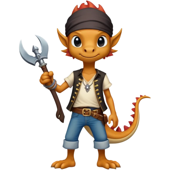 friendly anthropomorphised dragon in a band t-shirt and jeans wearing a pirate eye-patch walking upright emoji