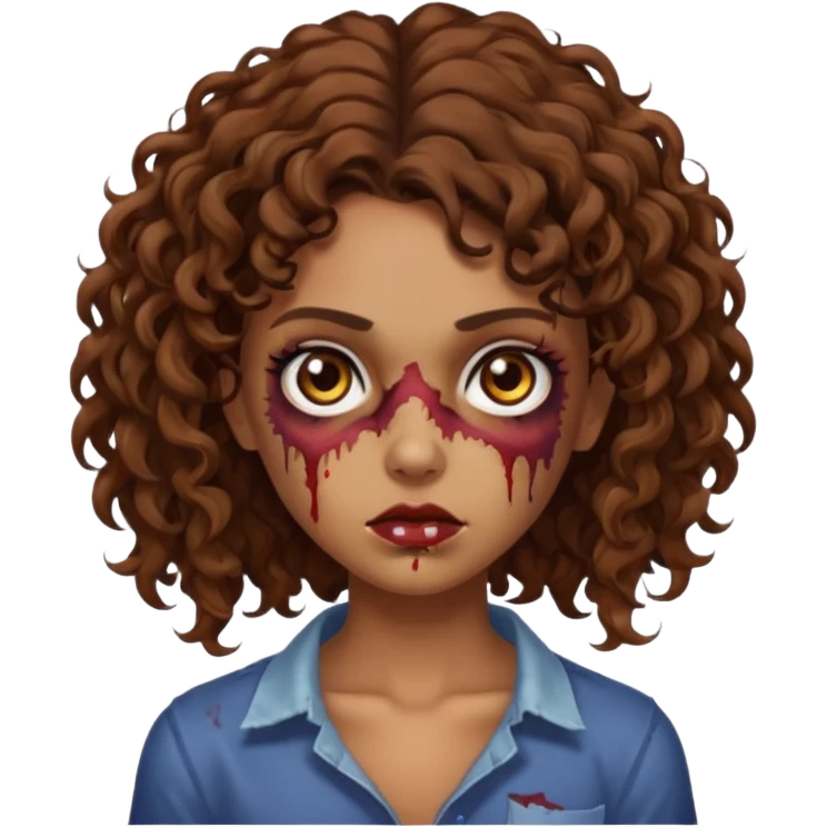 Faça uma garota zombie de cabelo cacheado castanho, olhos castanhos escuro e pele parda com o cabelo menos volumoso e no ombro emoji