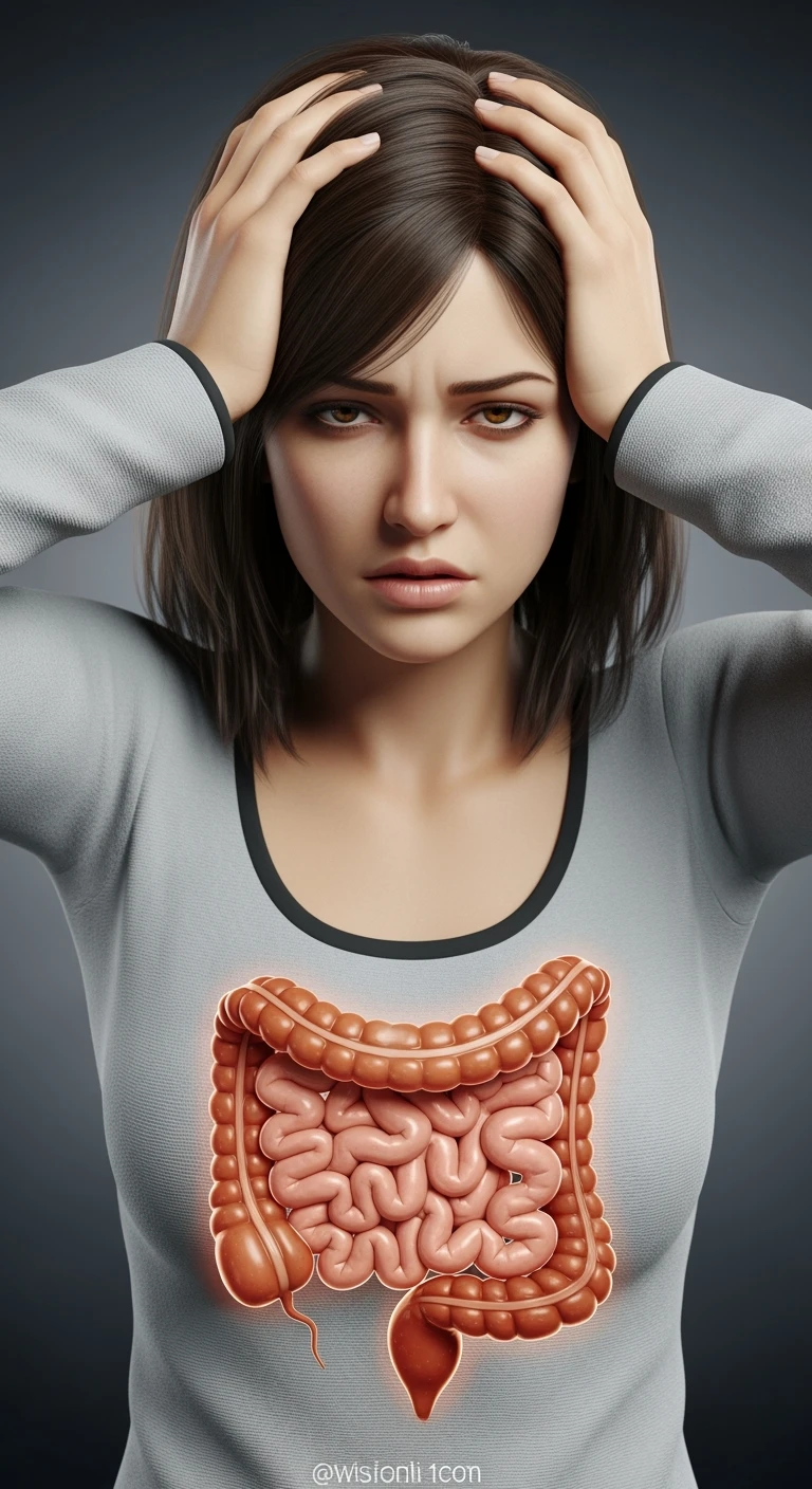 DONNA stanca con intestino realistico in evidenza che si tiene le mani sulla testa, iperrealistici 4k, non disegnati emoji