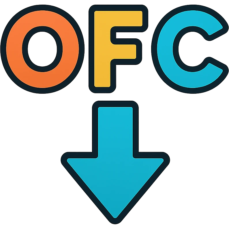 Letters OFC with a downward arrow underneath, each letter in a different bright color emoji