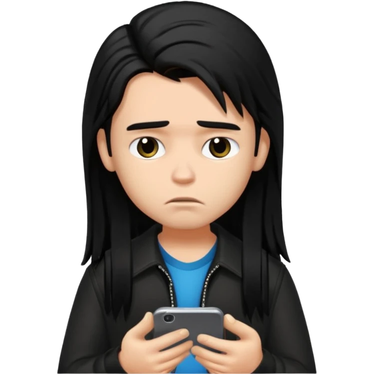 a PRETTY BRATZ boy with black long hair , using his phone and looking sad emoji