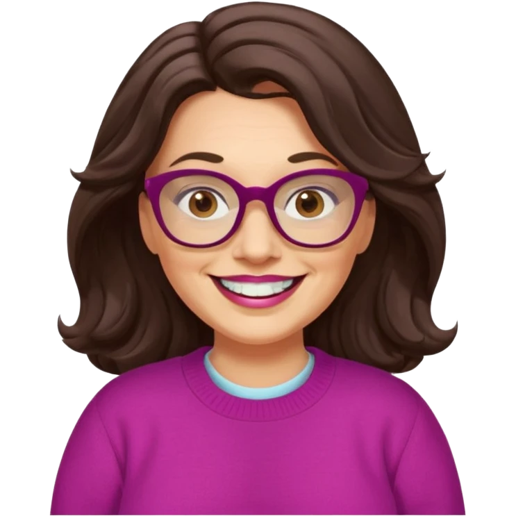 50 yr Caucasian woman, long dark brown hair parted on side, brown eyes, brown glasses, big smile, white teeth, fuscia sweater, chubby, wavy hair emoji
