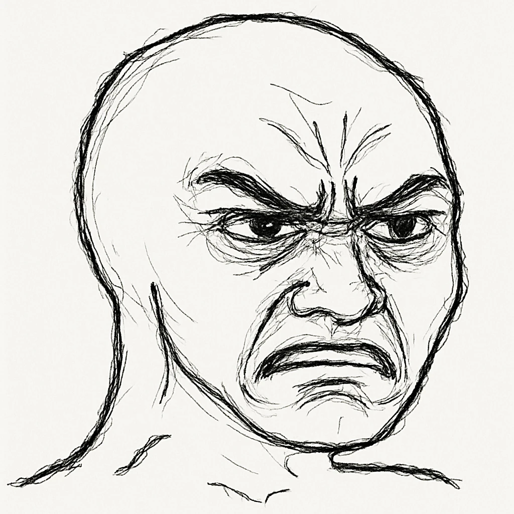 Wojak meme face, angry expression, furrowed brows, simple line art emoji