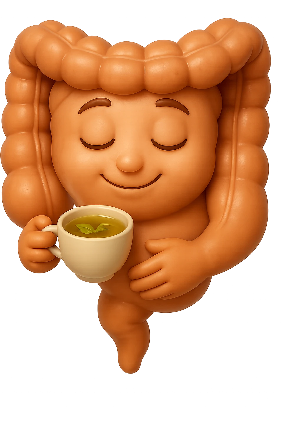 emoji stile iphone 3d di intestino umano sereno che si tocca la pancia mentre sorseggia un thè alle erbe, iperrealistico 4k emoji