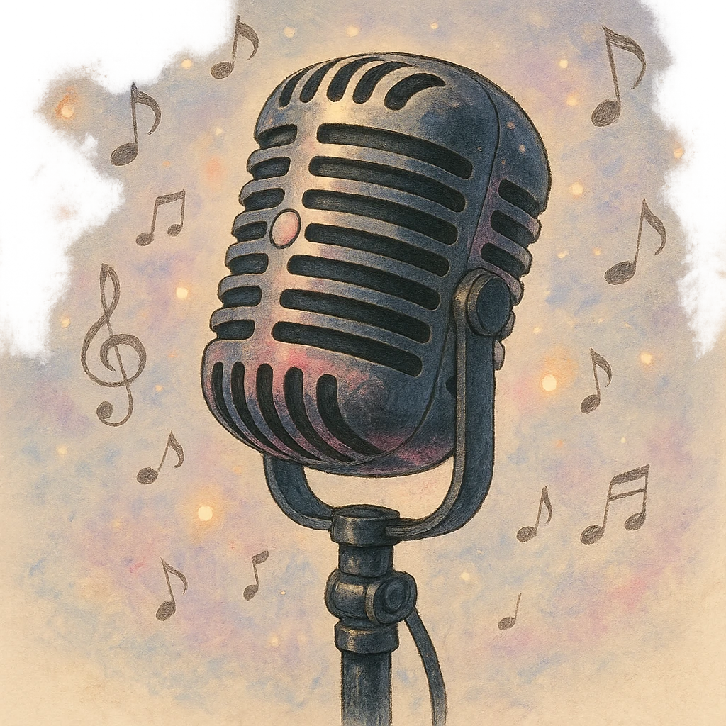 microphone with black and pink accents, dreamy lighting, whimsical and musical emoji