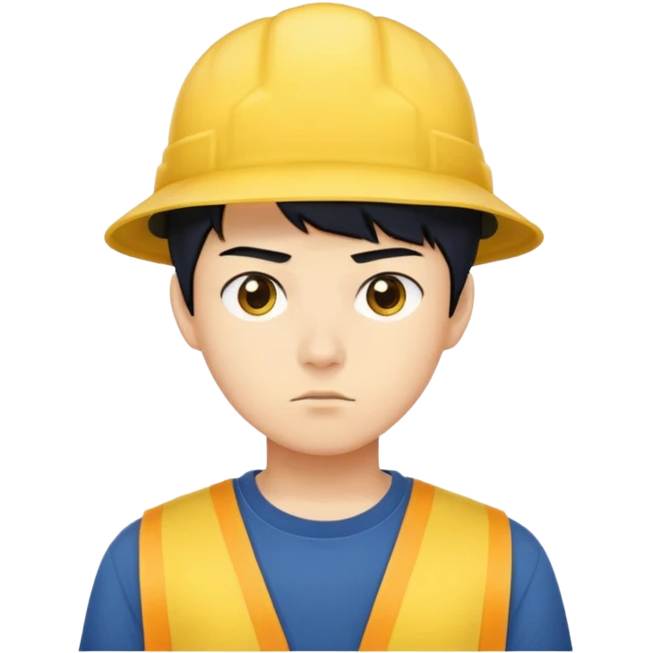 nam 20 tuổi, da vàng, tóc ngắn màu đen, đội mũ màu vàng, mặt nghiêm túc, áo xanh đậm, nửa thân trên emoji