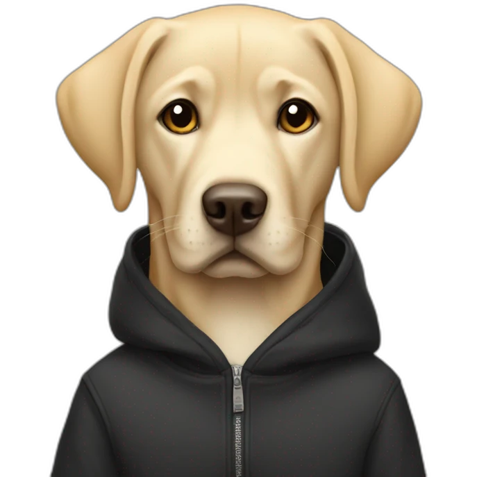 Labrador in a black hoodie with creme backpack on the shoulders emoji