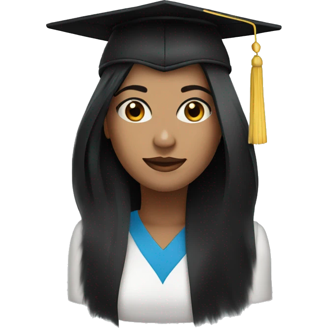 Woman with black hair and blue eyes and a graduates hat emoji