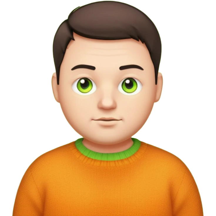 plump man in his 30s, short cropped hair, unique dark yellow-orange woolen jumper, glowing neon green eyes, cartoon emoji style emoji