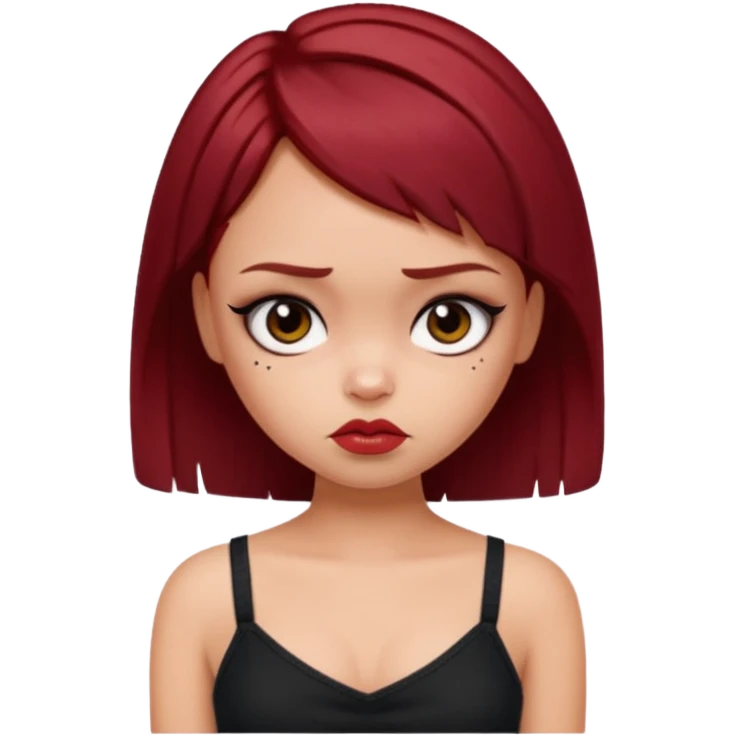 generate a pretty fair bratz girl with short dark red hair looking sad . Wearing a black cami emoji