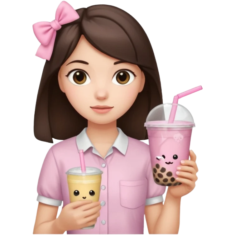 a brunette girl with a bow and light pink shirt and a bobba in her hand emoji