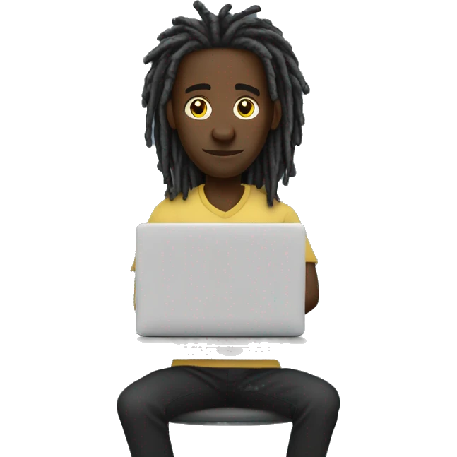 Black-guy-with-dreads-sitting-down-on-chair-facing-desk-foward-focused-on-laptop-computer emoji
