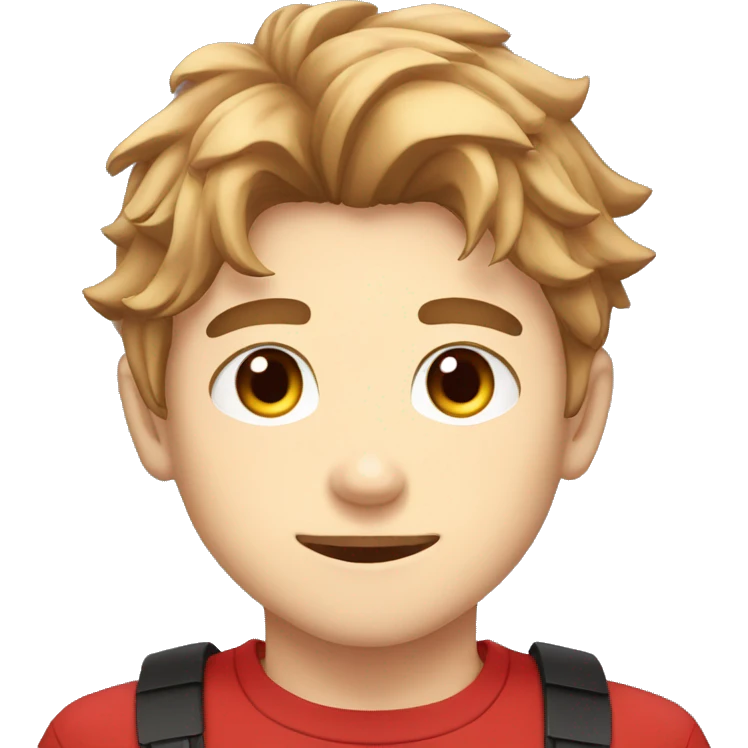 illustrated twitch logo for a boy, head and shoulders only, anime chibi style, light brown hair, black eyes, red shirt emoji