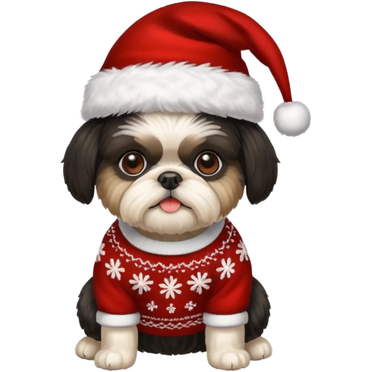 ALL BLACK FACE AND BODY SHIH TZU WITH CHRISTMAS SWEATER AND HAT emoji