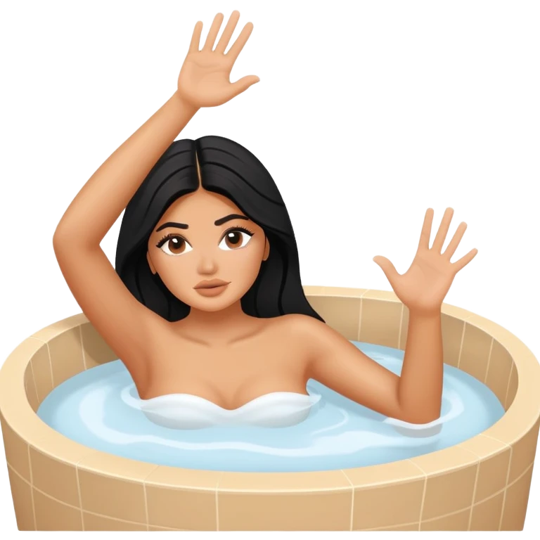 Kylie Jenner in jacuzzi with one hand raised up and other hand holding onto the edge of the jacuzzi emoji