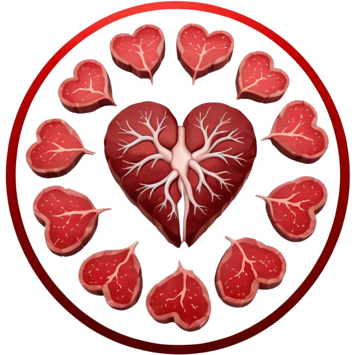 Several cuts of steak, beef, and liver arranged in a circle around a pulsing heart and bright red blood cells. Red energy flows from the meat into the blood cells, which then carry oxygen to the heart and muscles, representing iron's role in energy production. emoji