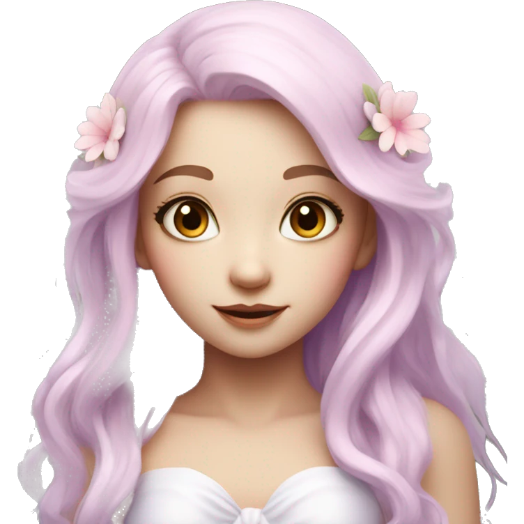 Beautiful, flower fairy, white long, light pink hair, big wings, white skin, light violet eyes  emoji