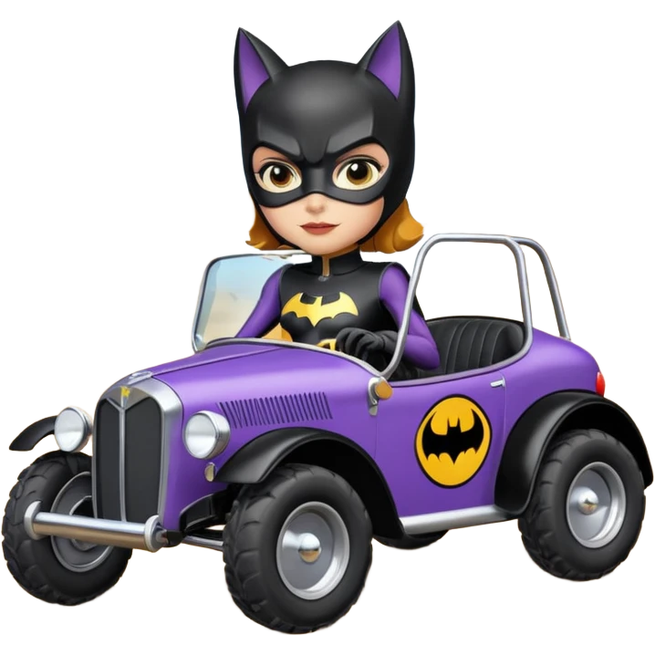 Hot racing cartoons BatGirl’s sixty’s tv show 1932 stealth retro cat burglar sporty petite off-road pursuit mobile cruiser car (reclined seating position) emoji