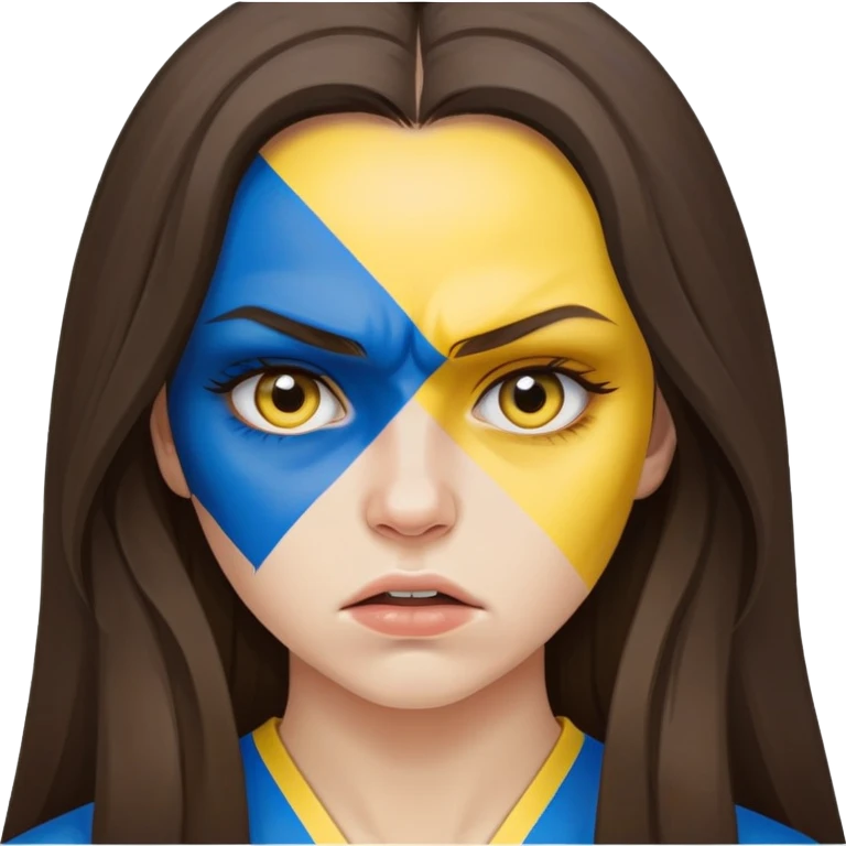 Brunette woman with long hair, Ukrainian flag (blue and yellow) painted on her cheek, angry expression emoji