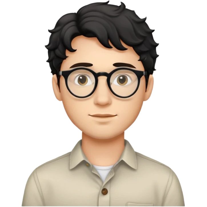 Upper body only of young caucasian man with black wavy hair, round glasses, wearing comfortable buttoned shirt emoji
