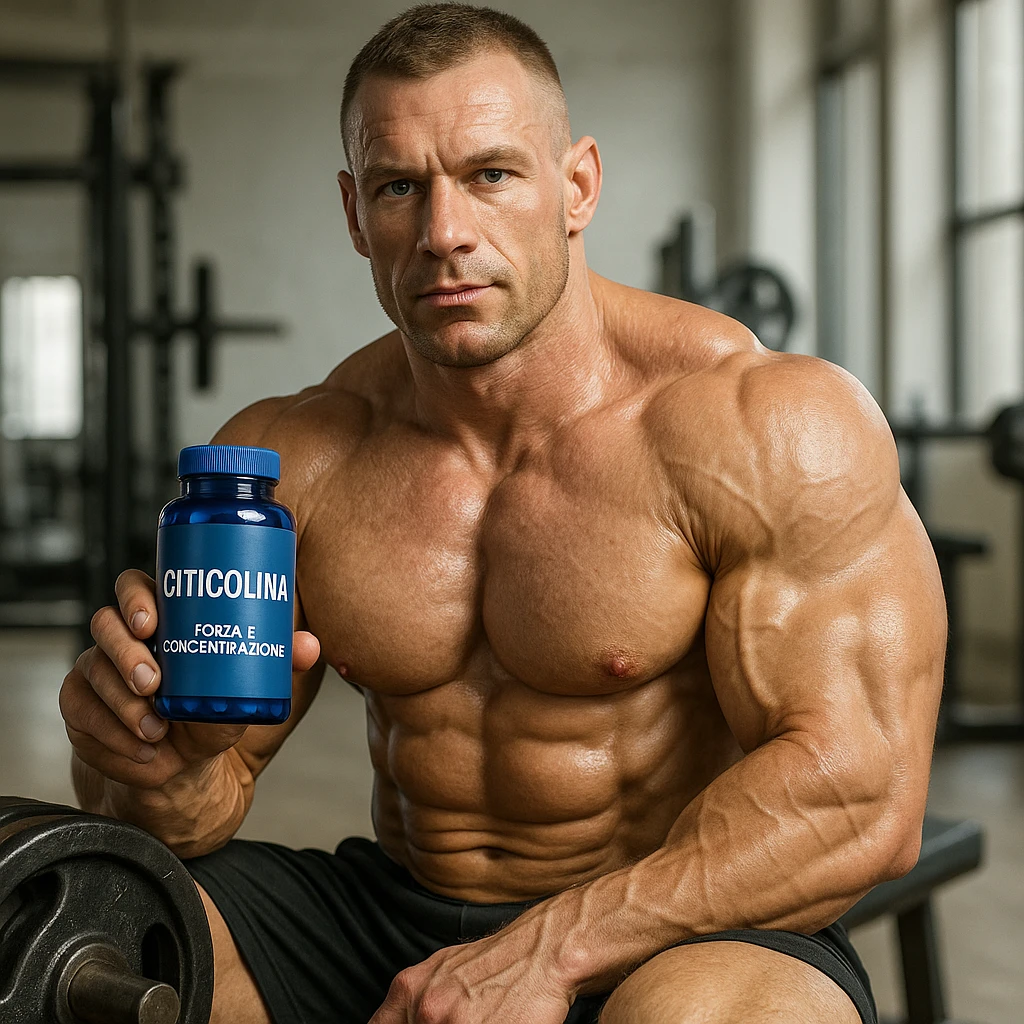 hyper realistic bodybuilder with Citicolina supplement near weights, sculpted muscles, blue bottle, text 'Forza e concentrazione', gym environment, light background emoji