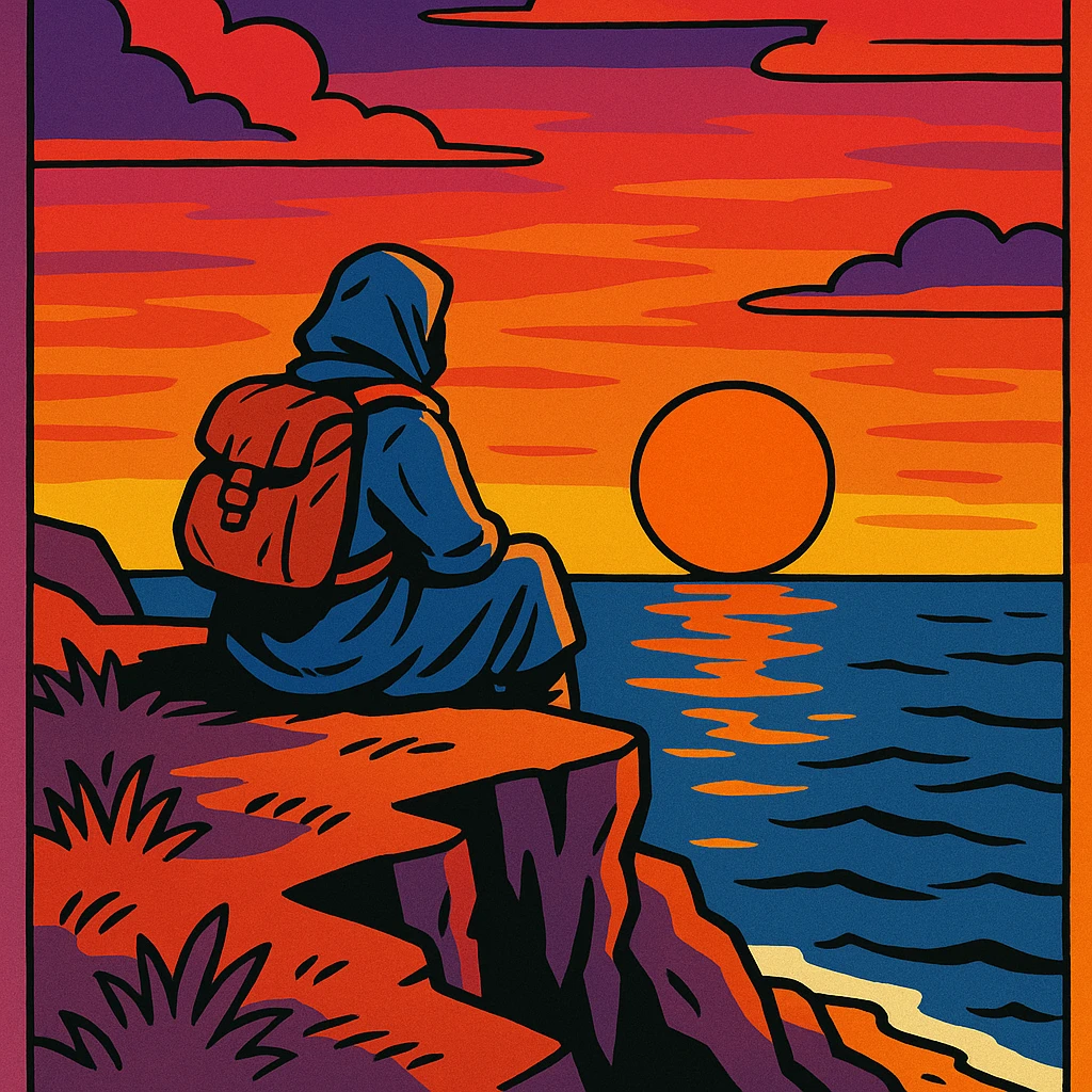 comic book panel 4: the nomad sits at a cliffside at sunset, overlooking the ocean, reflecting on the adventure, peaceful mood, vibrant comic book style emoji