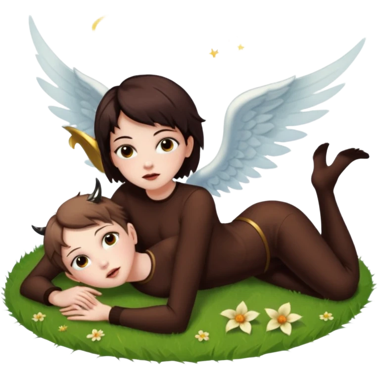 A short-haired brown demon girl lies on the grass, looking up at a flying angel in the sky."
 emoji