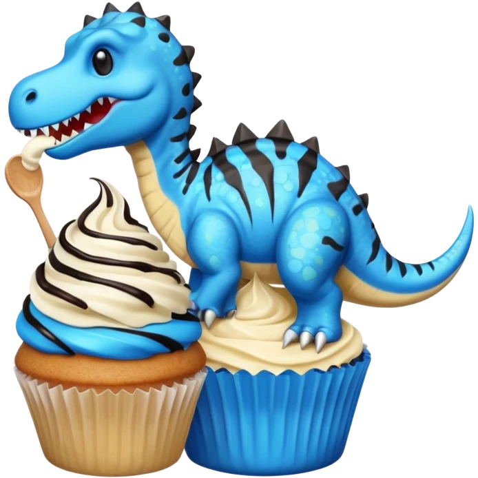 A cupcake having blue and black icing and a dinosaur as a decoration and ice cream next to it emoji