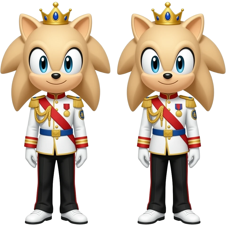 Cream the rabbit and vanilla the rabbit from sonic x are same wearing gold tiara white military tunic arm badge shoulder cord medal red sash blue belt black trouser with both side red stripe white shoes and they both reached at righteous place emoji