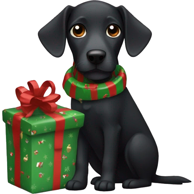 Black dog wrapped in Christmas wrapping paper  emoji