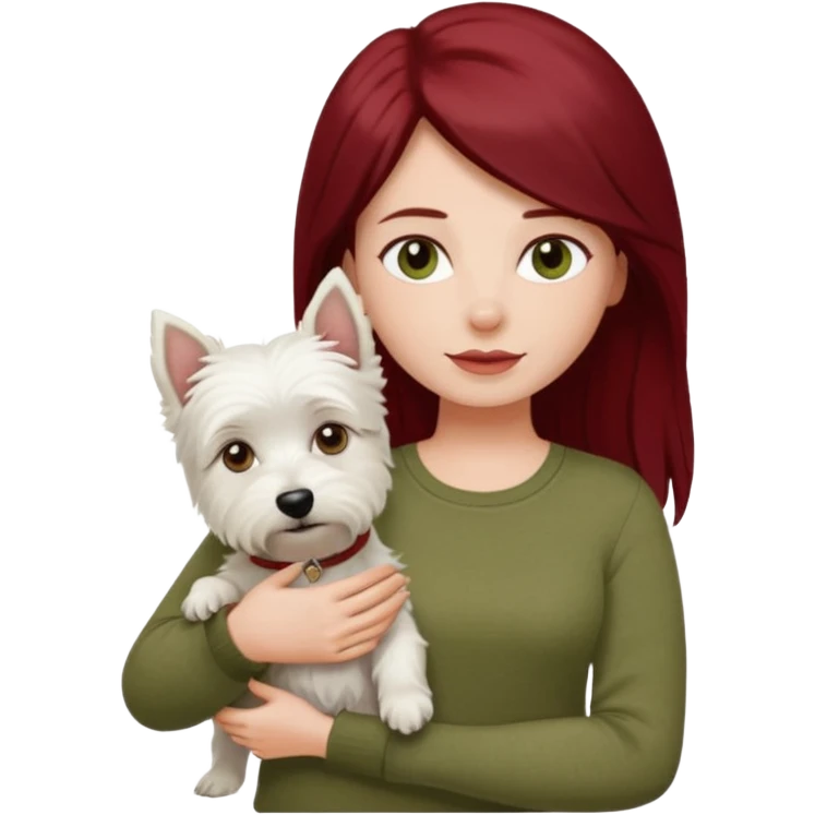 Westie white terrier dog being held by woman with dark red long hair and hazel eye wearing olive green top emoji