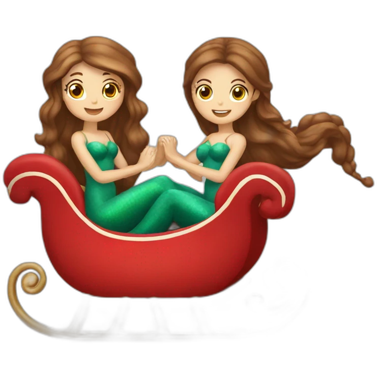 Two brown haired mermaids in Santa’s sleigh emoji