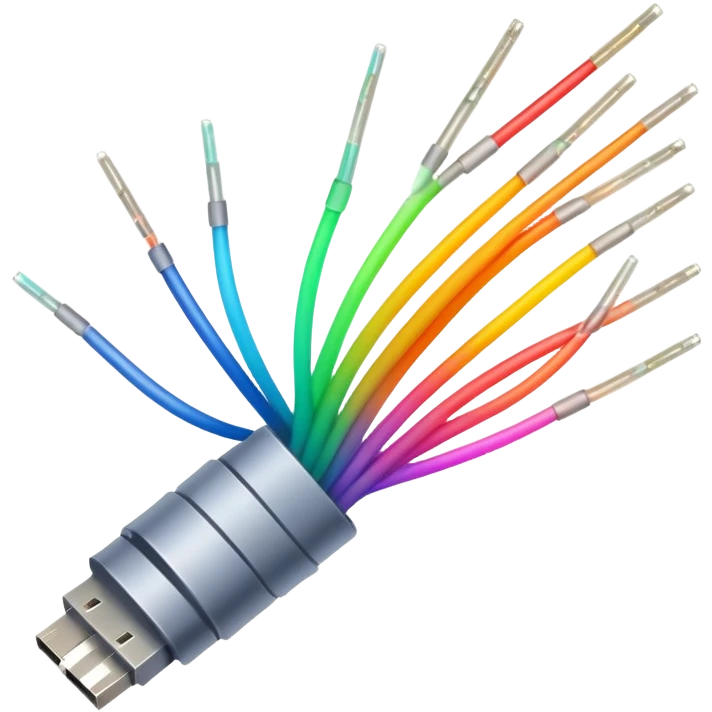optical fiber cable with glowing light transmission, colorful fiber optic cable emoji