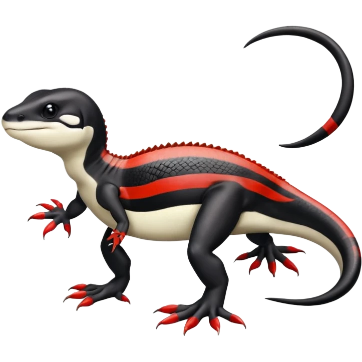 Black and white Orca-reptile-reptilian-lizard-skink-gecko-Digimon-Fakémon-hybrid full body, two legs, two arms, claws, tail, with red stripe emoji
