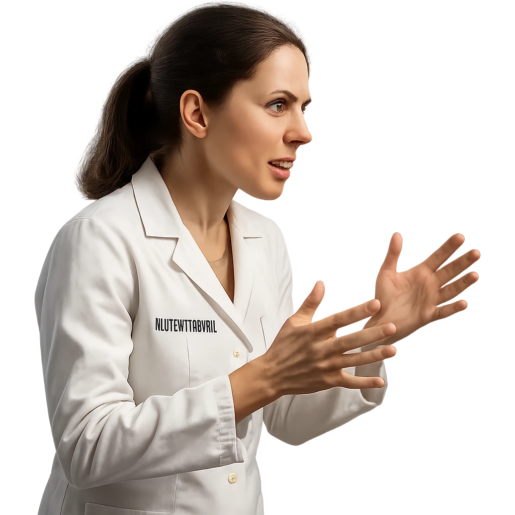 3D render of a female nutritionist wearing a white lab coat, side view, animatedly discussing, hands in motion, determined expression, isolated white background, hyperrealistic 4K details emoji