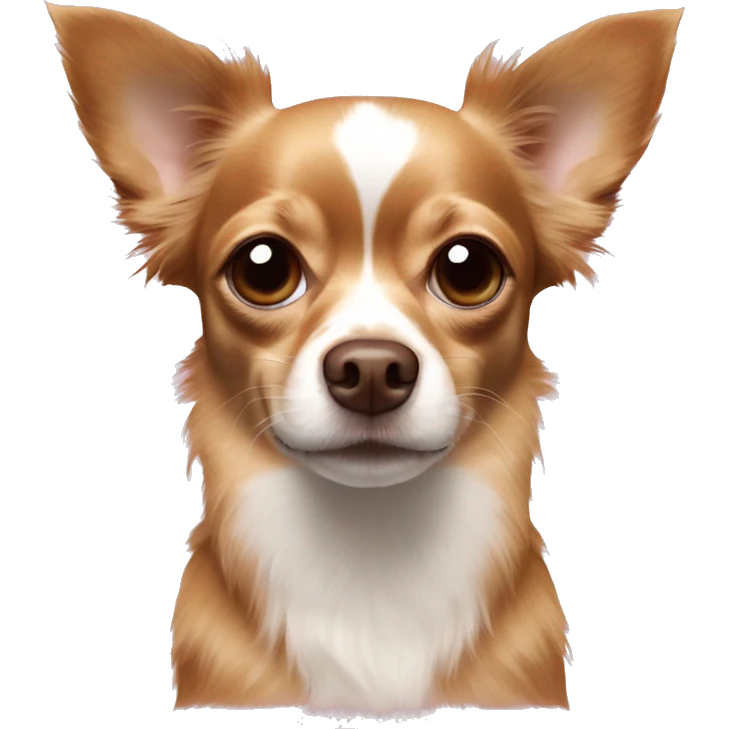 brown longhaired chihuahua with a white dot on forehead and brown nose with a pink spot on the left emoji