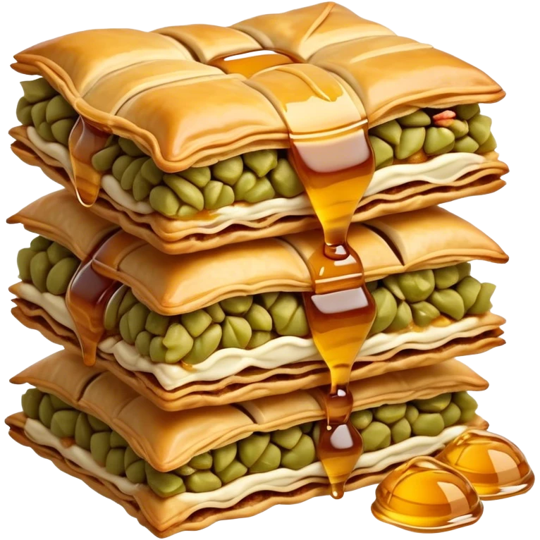 Cinematic Realistic Baklava Dessert Emoji, depicted as layers of flaky pastry with honey and nuts rendered with rich textures and warm, inviting lighting. emoji