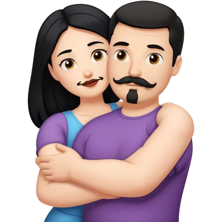 Tall strong white man with dark brown mustache goatee hugging a chubby short pale woman with long black hair emoji