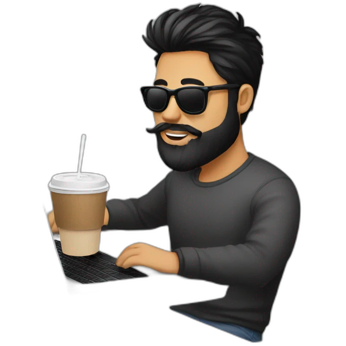 Designer with black hair, beard and round sunglasses working with MacBook and drinking cappuccino  emoji