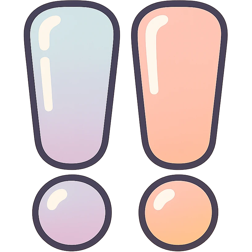 two exclamation marks side by side, styled in modern Japanese pop-art and sticker aesthetics with an eastern style influence, thin clean outlines, soft rounded shapes, pastel color palette #98B5BC, #B5B3C1, #C9A3C9, #E4C0CA, #F7DCD1, #F7C0AA, detailed shadows and highlights, soft lighting, minimalist eastern background, transparent background, no additional decoration emoji