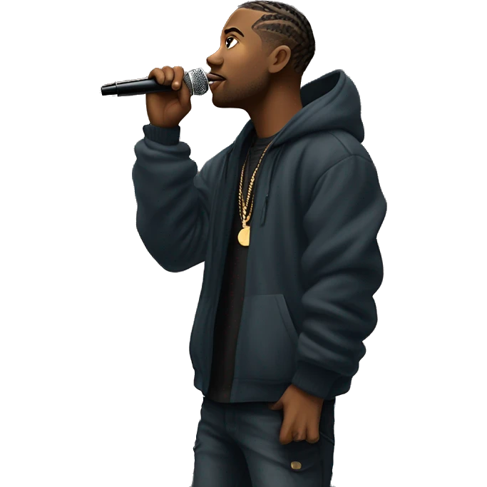 Hip Hop artist on top of a stage looking at a full stadium audience. We see his side profile and holding the mic in one hand.  emoji