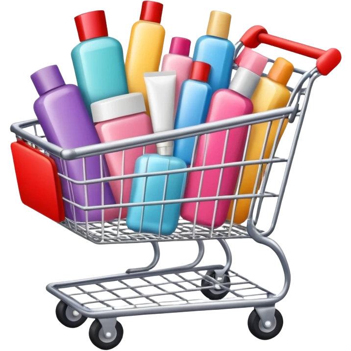 shopping cart full of brand-labeled beauty products emoji
