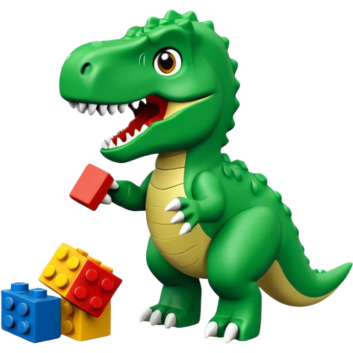 A cute green t-rex playing with LEGO bricks emoji