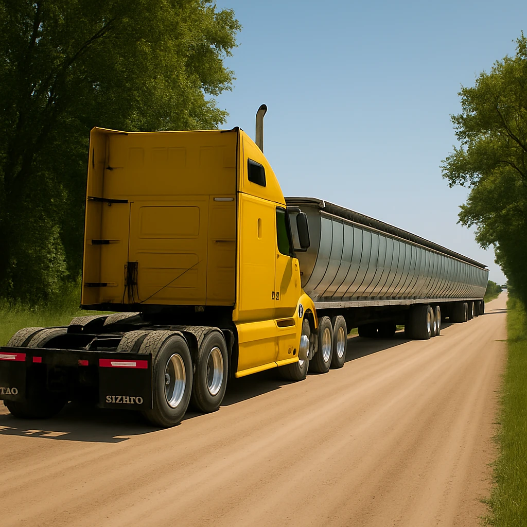 Make the silver end dump trailer significantly longer, keep the Volvo yellow semi sleeper truck and rear three-quarter angle, photorealistic, driving away down a rural dirt road with trees and grass, bright daytime lighting, clear sky. Maintain photorealistic style and lighting. emoji