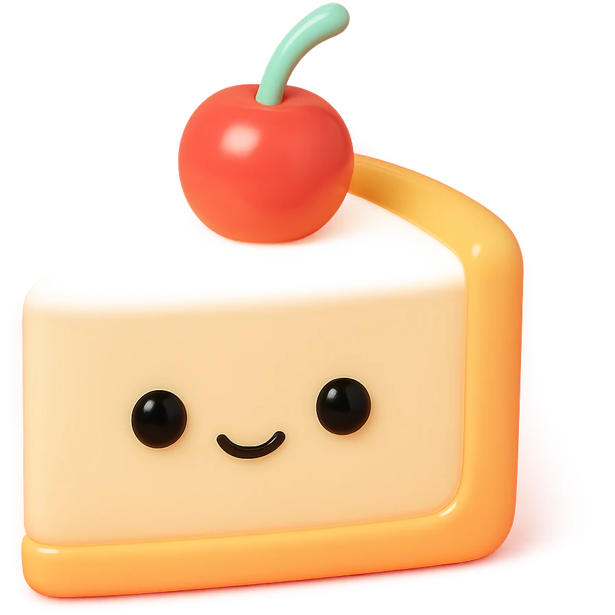 3D vinyl figure cheesecake slice, classic New York style, smooth vanilla filling, topped with a cherry, smooth vinyl look emoji