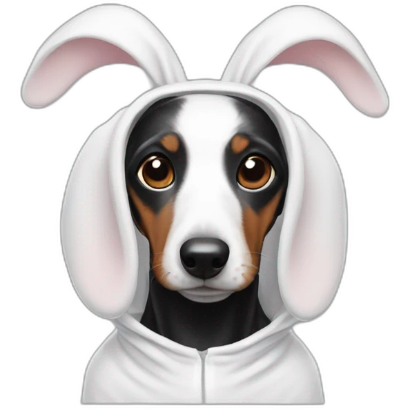 a black dachshund dog in a white bunny costume with bunny ears on the hood emoji